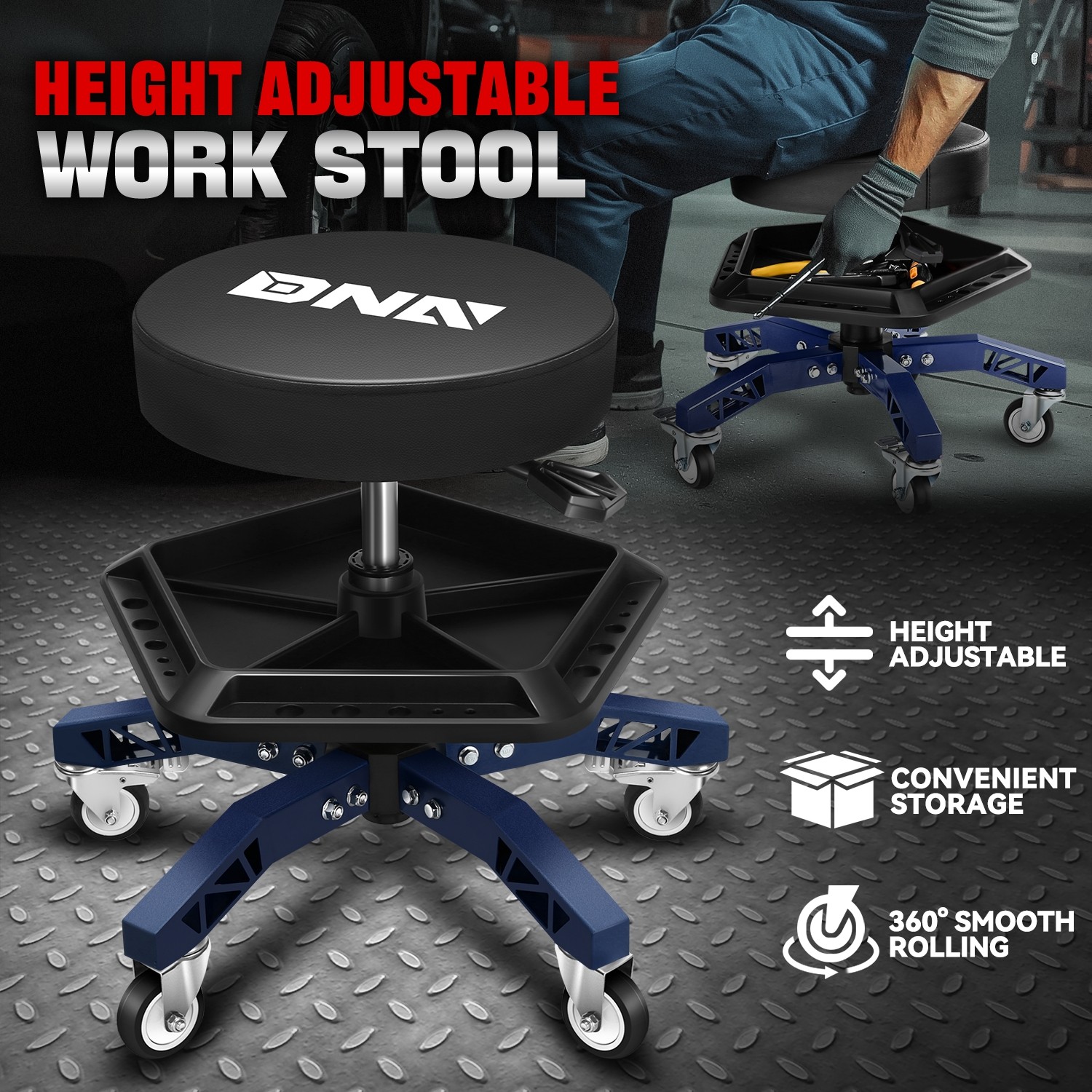 Heavy Duty Swivel Mechanics Rolling Seat Garage Stool Work Shop w/Tool Tray Blue