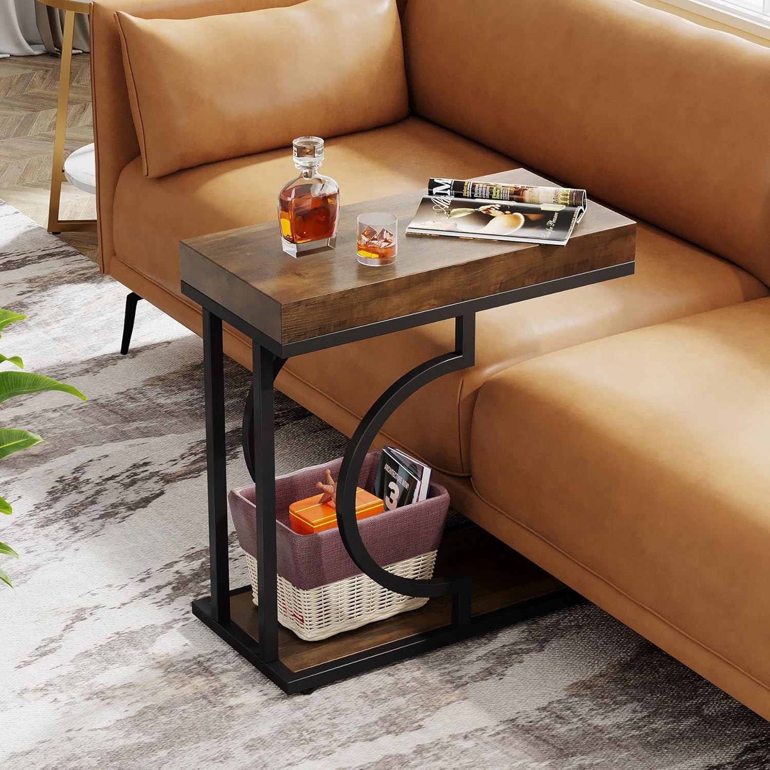 C Shaped End Table, Modern Narrow Side Table with Metal Frame for Living Room