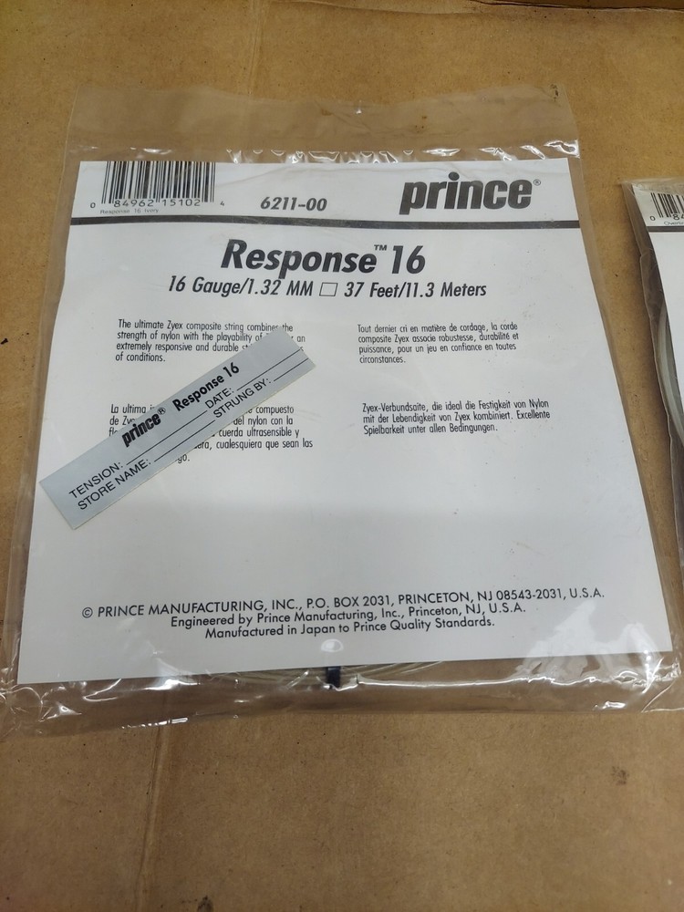 Prince Racket String (2) Overtime 15L & (1) Response 16 NOS