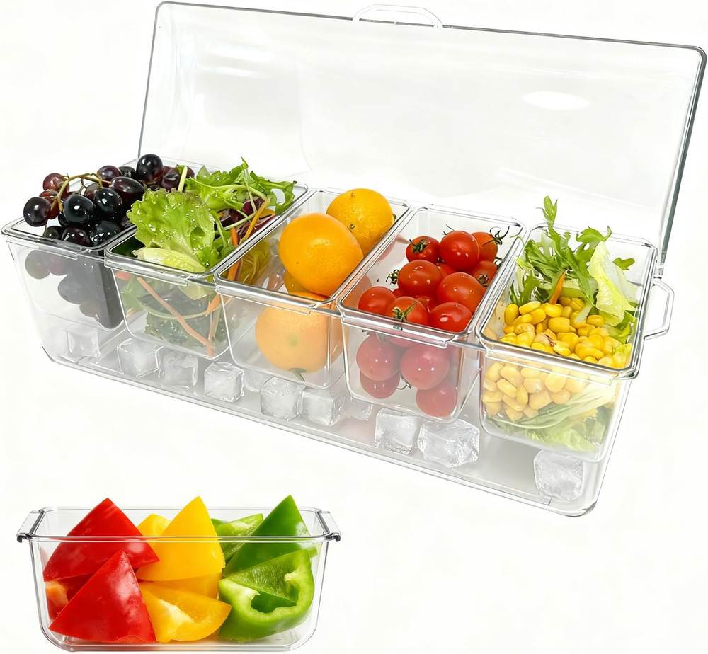 Ice Chilled Condiment Server, 5 Removable Compartments Condiment Containers with