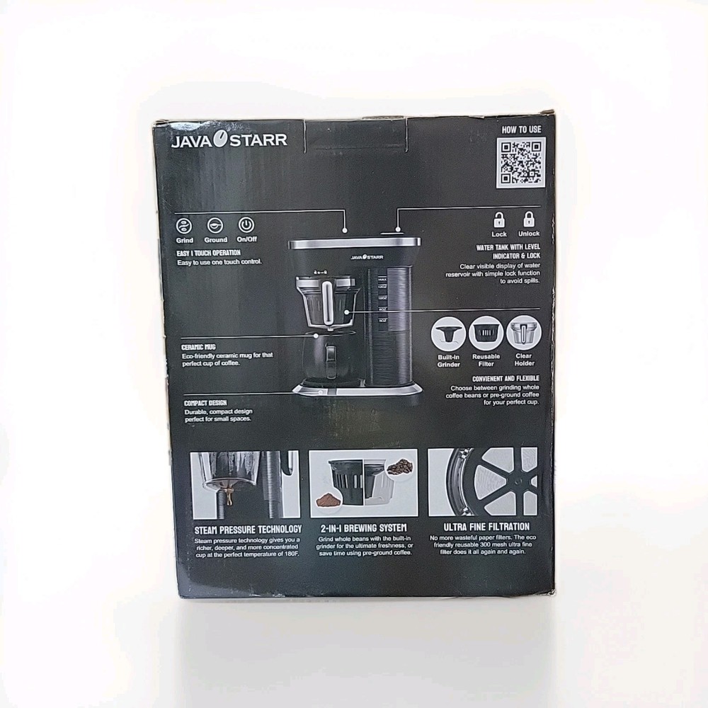 Java Starr Single Coffee Maker For Whole Beans or Grounds Using Steam Pressure