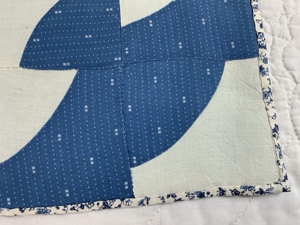 Antique Vintage Patchwork Quilt Table Topper, Drunkards Path, Blue & White