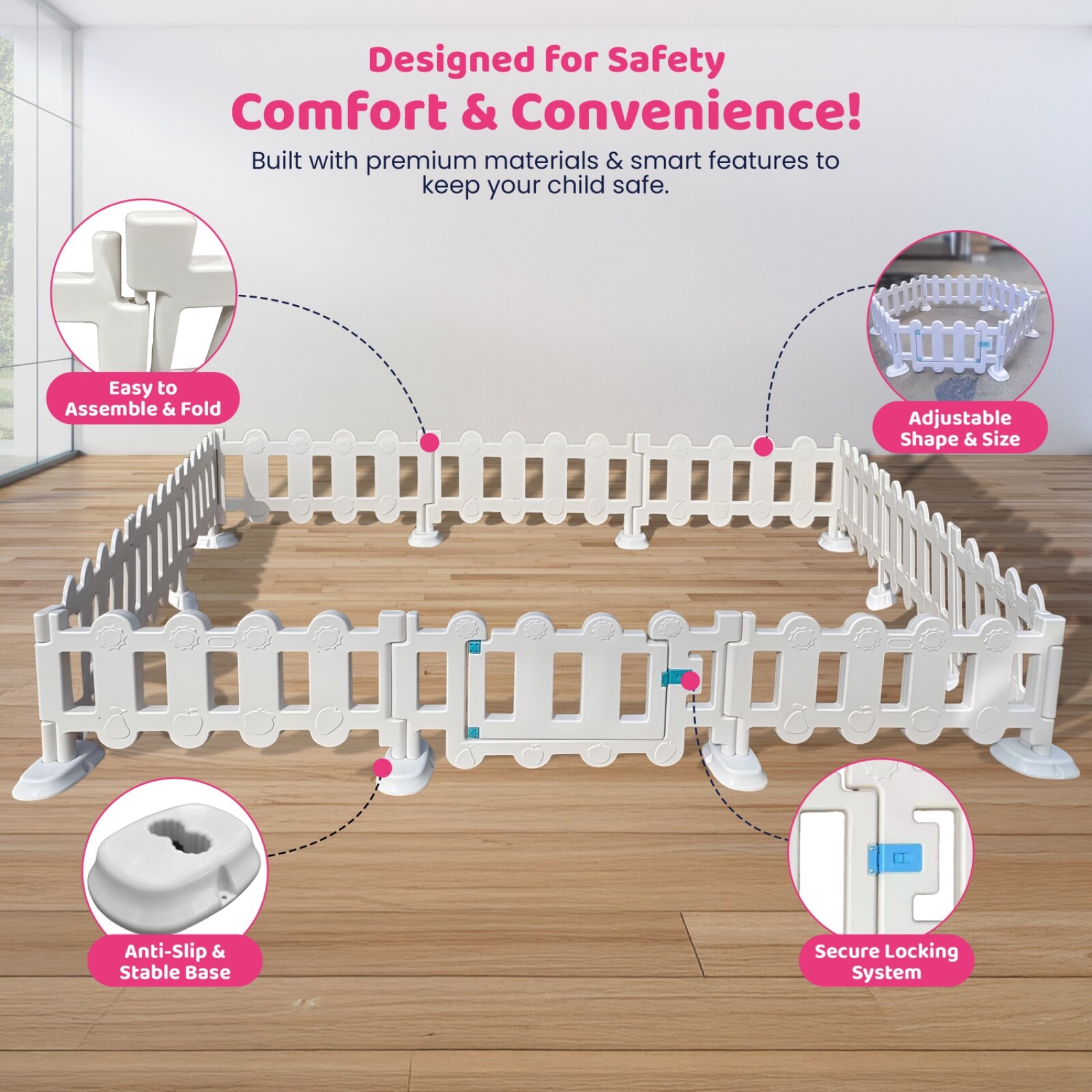 Area 10ft x 10ft Playpen for Kids (Pack of 11 fences and one gate) (White)
