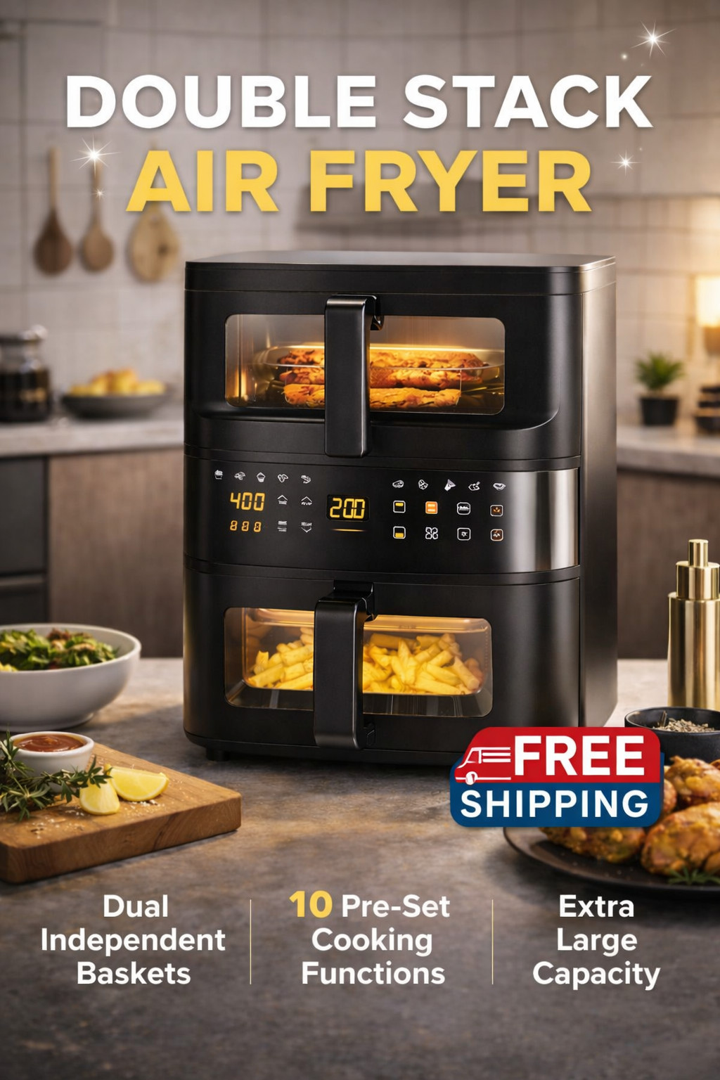 Double Stack Air Fryer Dual Basket Vertical Cooker w/ Window & Touch Screen New