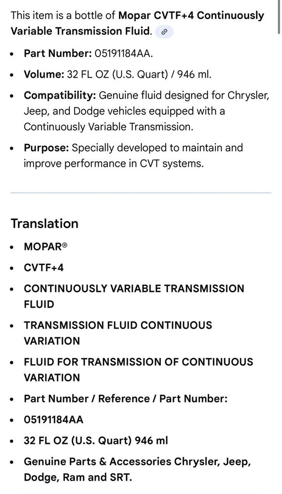 Mopar 05191184AA CVTF+4 Continuously Variable Transmission Fluid NOS