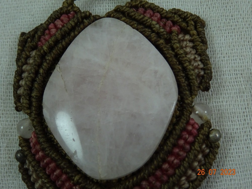 Artisan Oval Pink Topaz Stone Macrame Setting Statement Necklace 27' adjustable