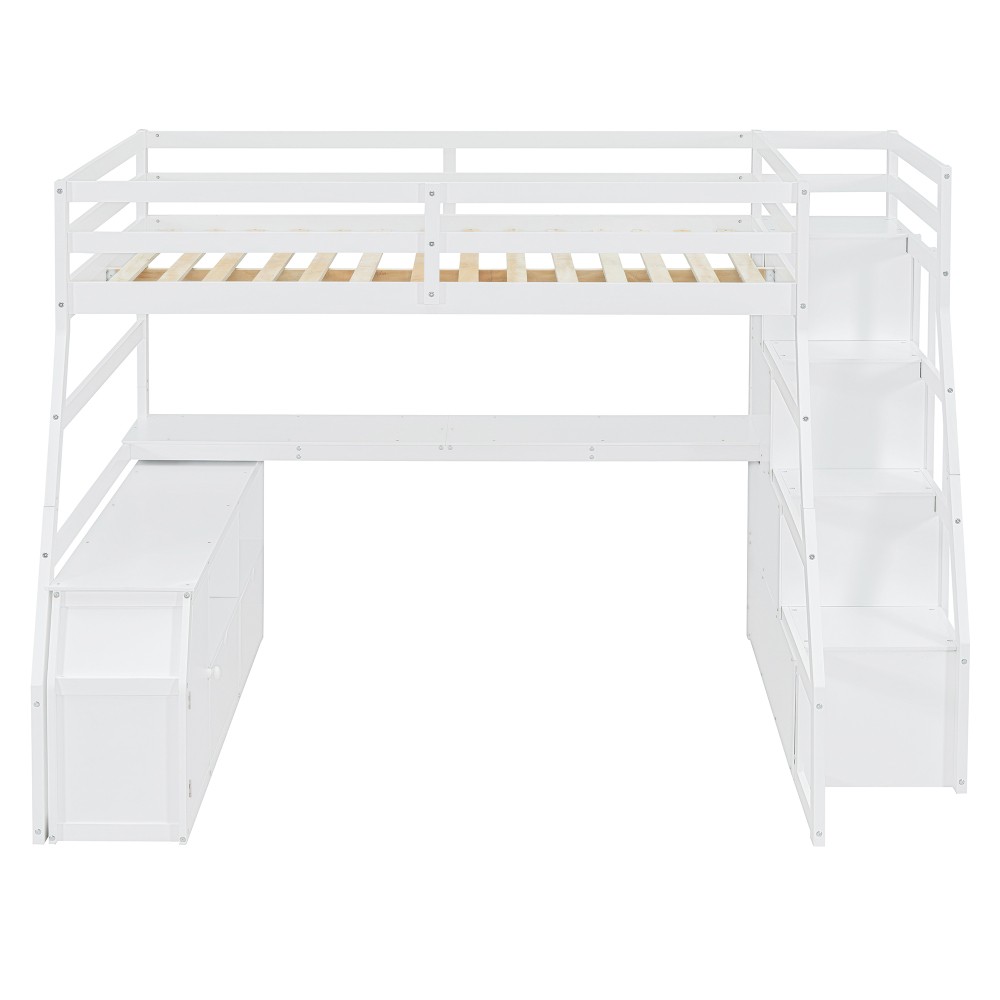 Full Loft Bed w/ Desk & Storage - White - Sturdy Pine Frame