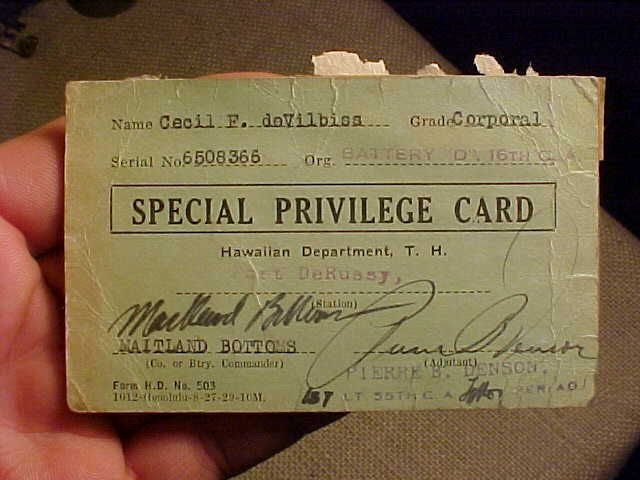 ORIGINAL PRE WWII 1930s FORT DeRUSSY HAWAII SPECIAL PRIVILEGE CARD - 16TH C.A.
