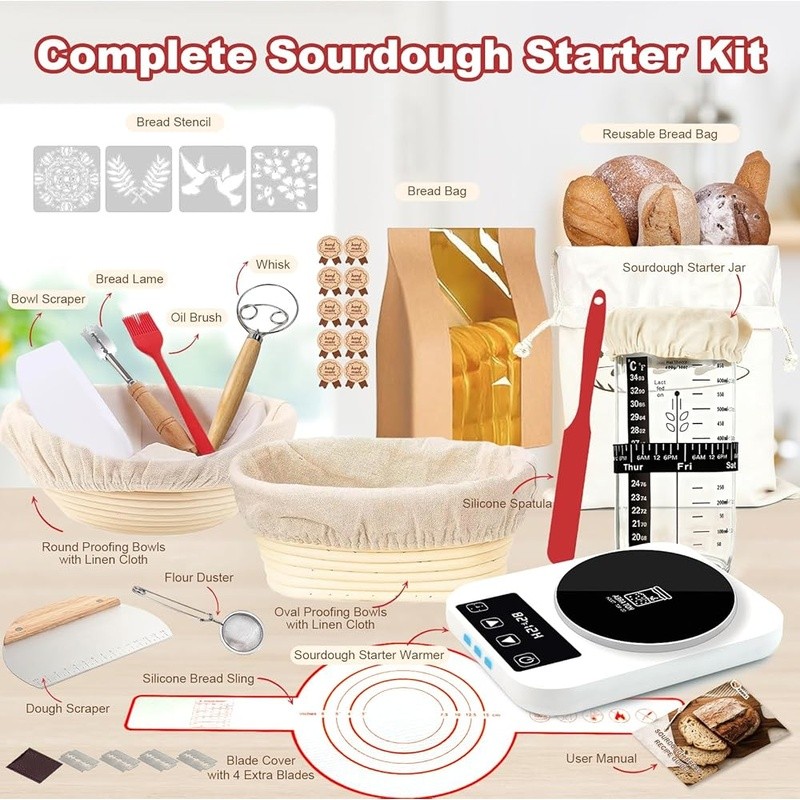 Complete Sourdough Bread Baking Kit W/ Proofing Baskets Starter Warmer Tools New