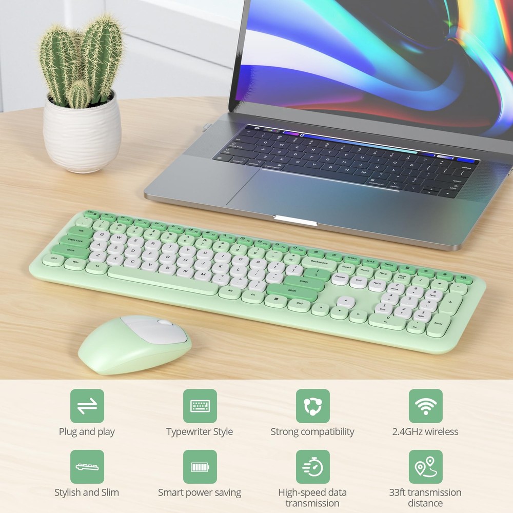 Gradient Green Wireless Keyboard and Mouse Set Retro Typewriter Full Size