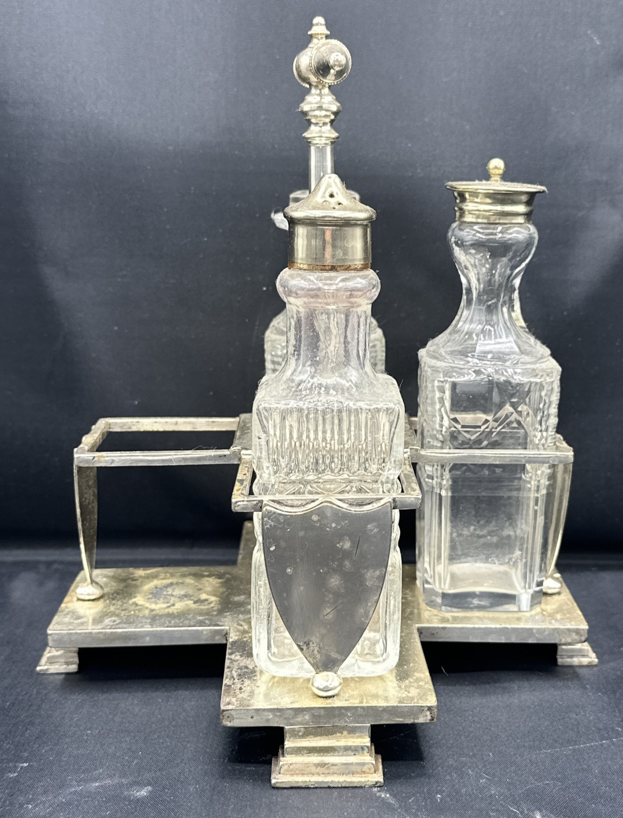 Footed 19th century silverplated cruet (maybe) Charles Ellis & Co w/ 3 Bottles