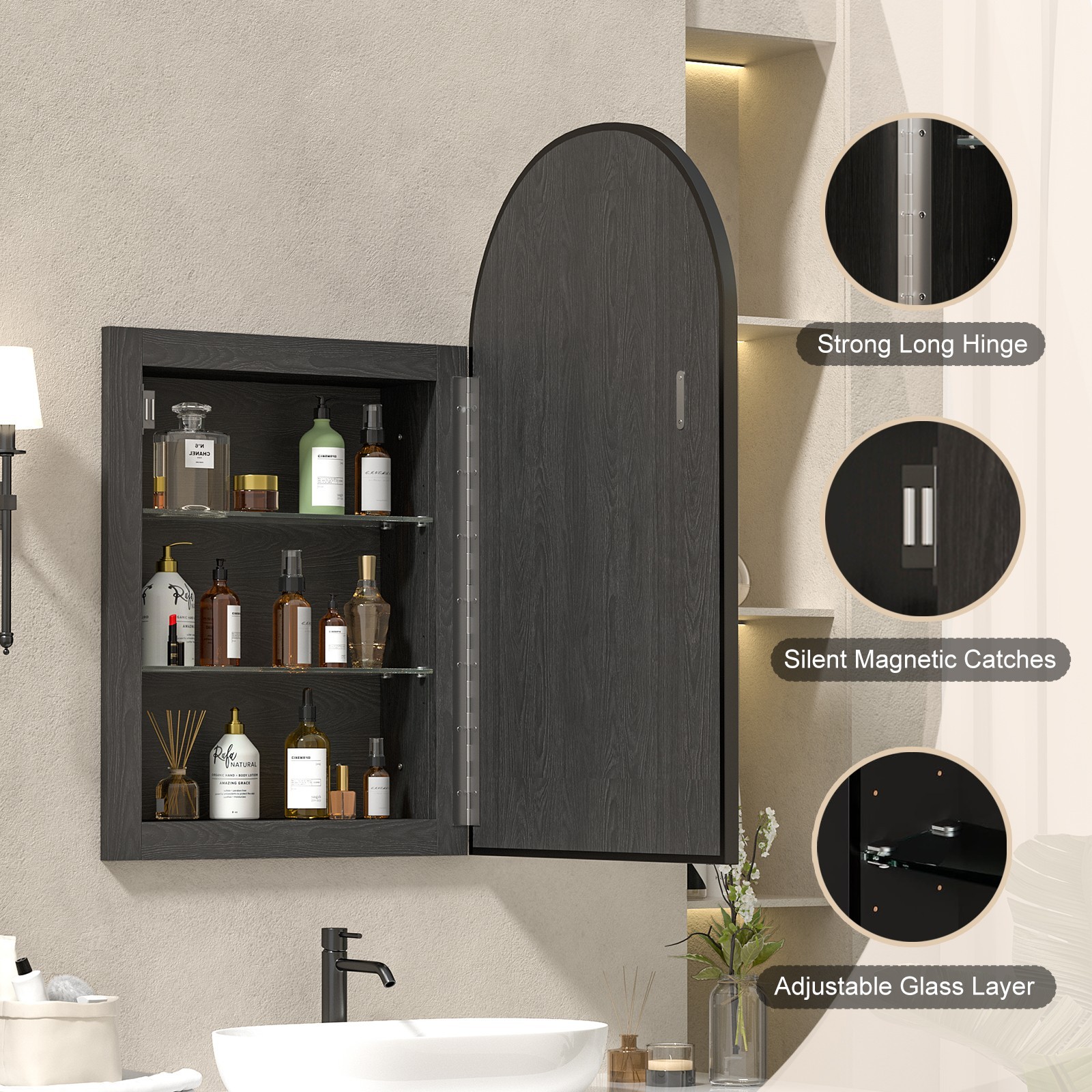 Black Arched Bathroom Medicine Cabinet With Mirror & Shelves,Right Open,Recessed