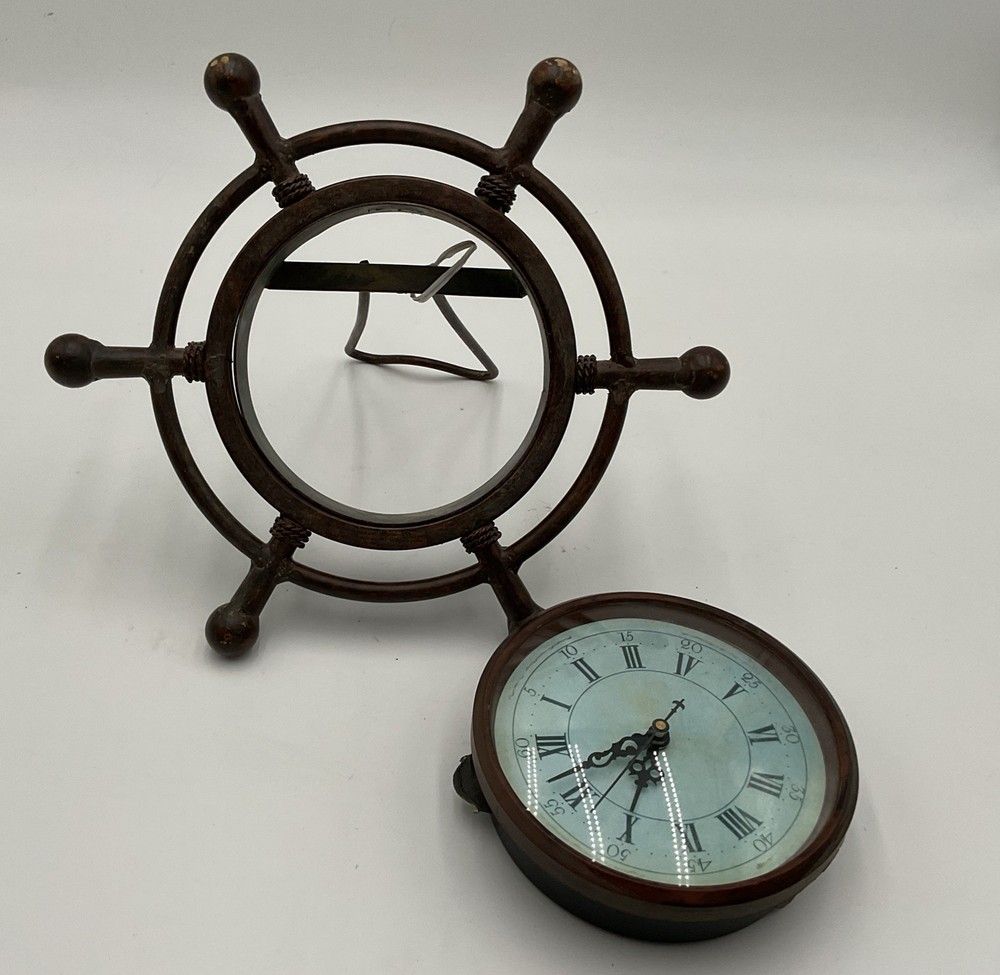 Nautical Ship Wheel-Style Clock Rustic Maritime Tabletop Decor *AS IS*