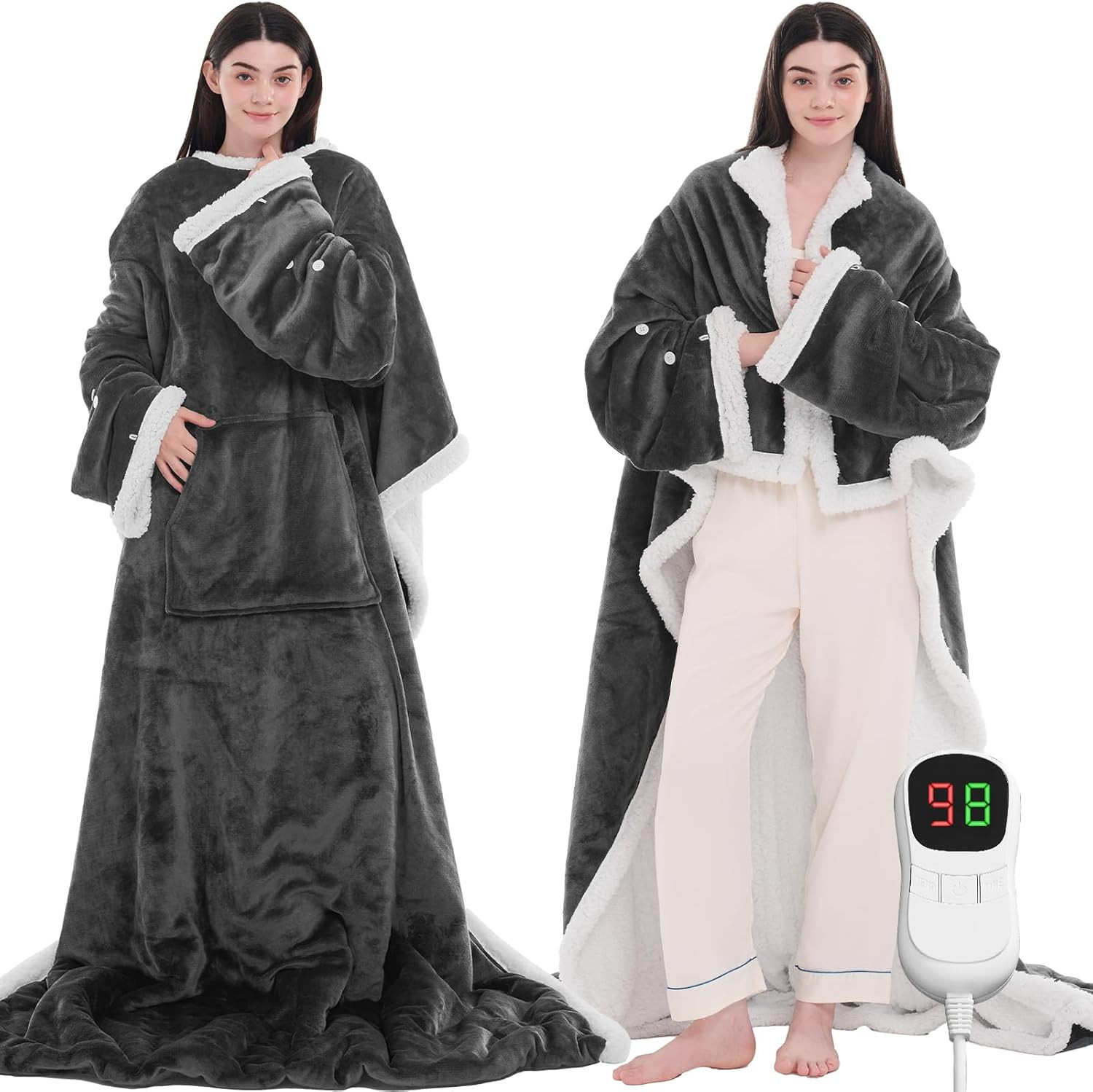 Heated Electric Blanket Wearable Throw - Heated Wearable Robe with Sleeves and F