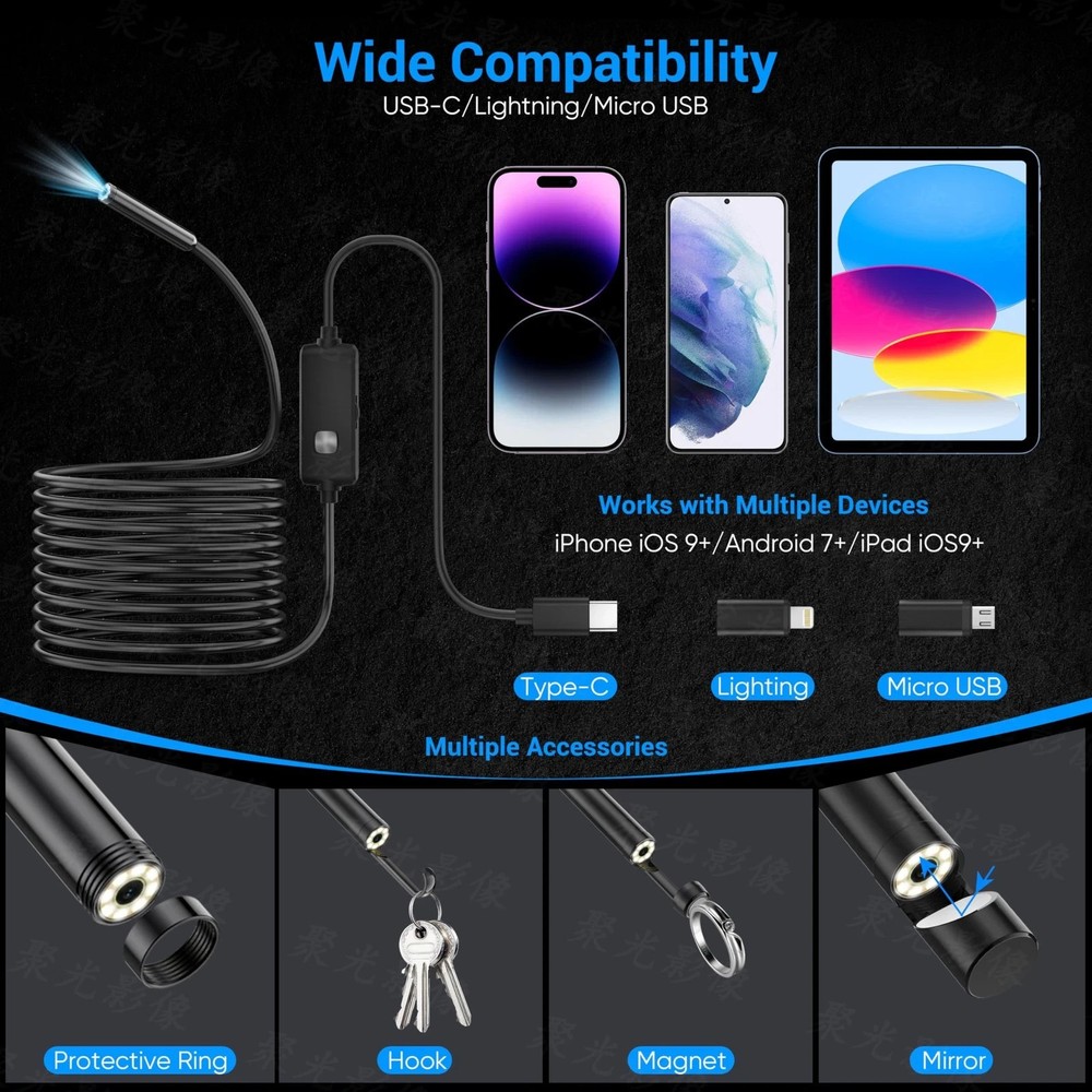 Endoscope Camera with Light,1920P HD Borescope with 8 Adjustable LED Lights, ...