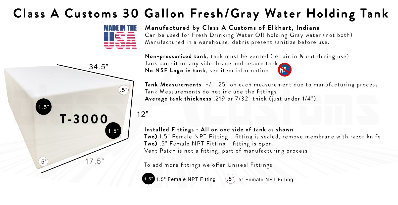 30 Gallon Fresh / Gray Water Holding Tank storage food shower wash dish T-3000