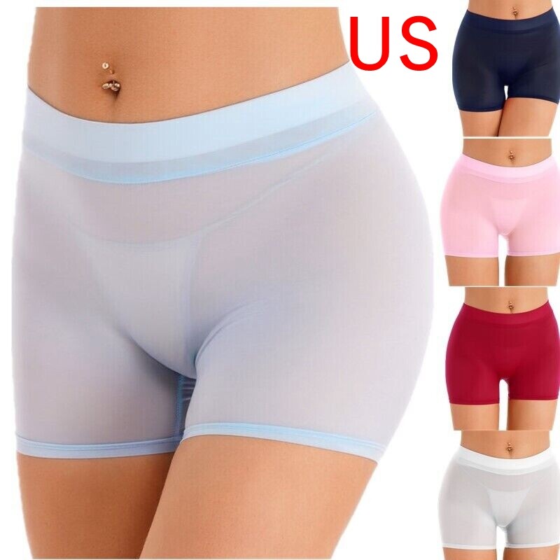 US Womens Oil Glossy Shiny Booty Shorts Transparent Panties Trunk Short Lingerie