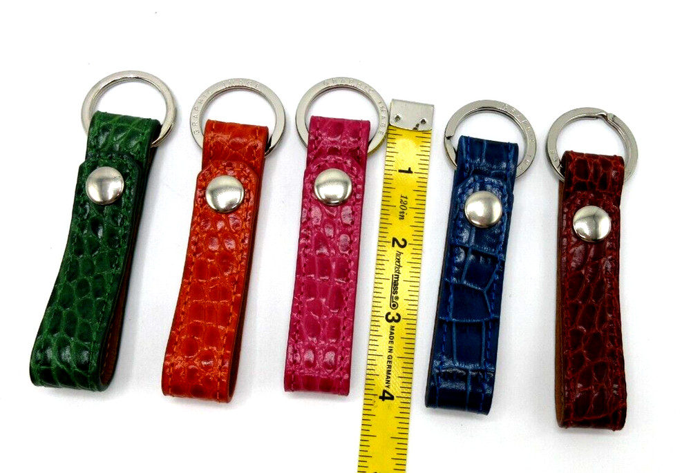 Key Ring on Leather Croc Embossed Strap w Snap Attachment Graphic Image BLUE