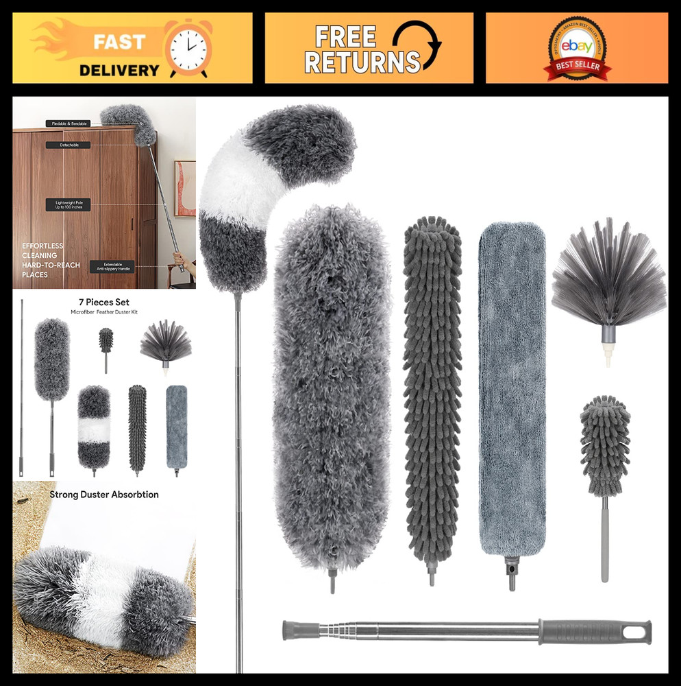7 PCS Microfiber Feather Duster Set, Washable Bendable Cobweb Cleaner with 100"