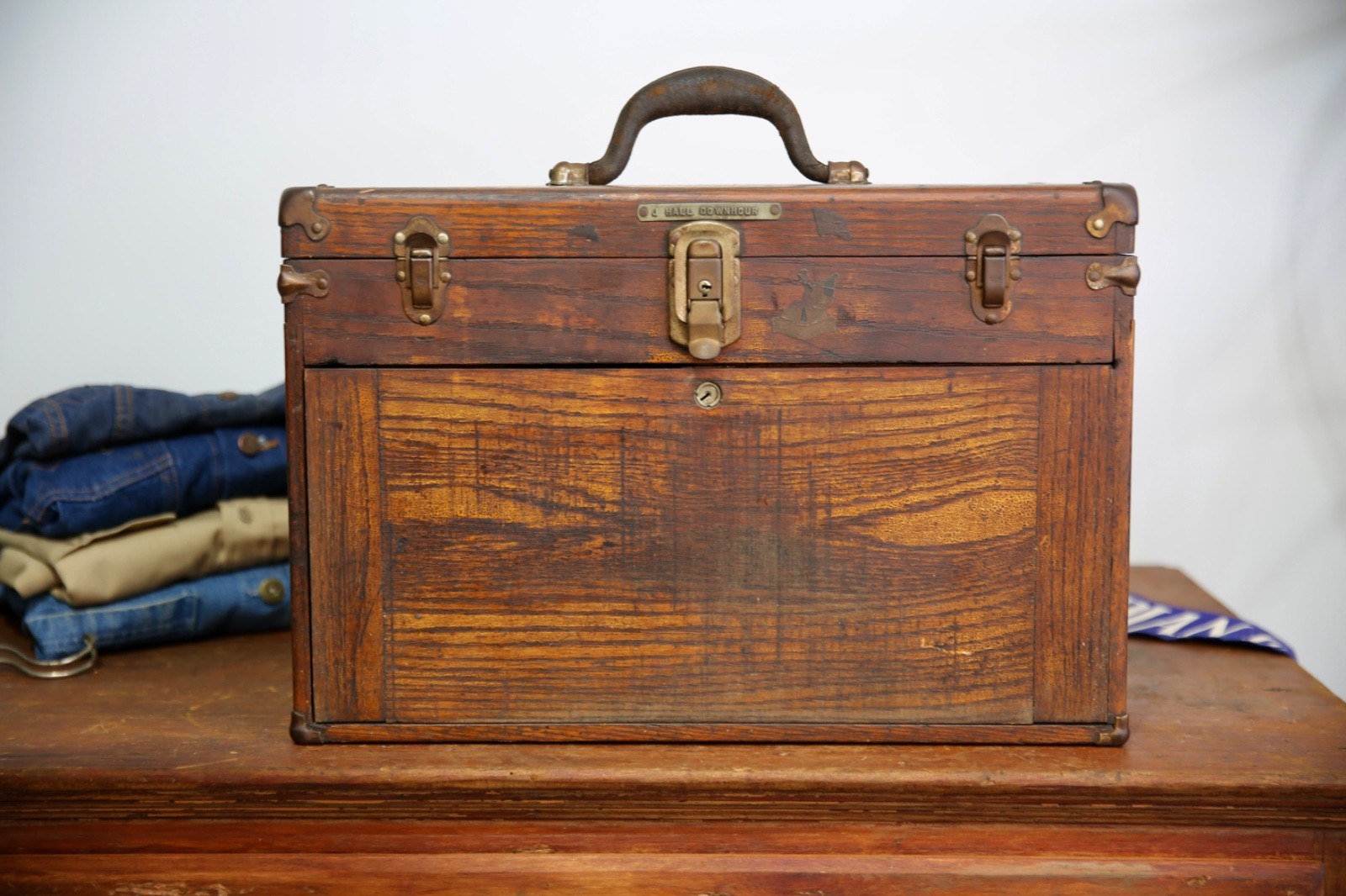 Antique Machinist Tool Box oak chest Wood Jewelry box 7 Drawer Vintage case
