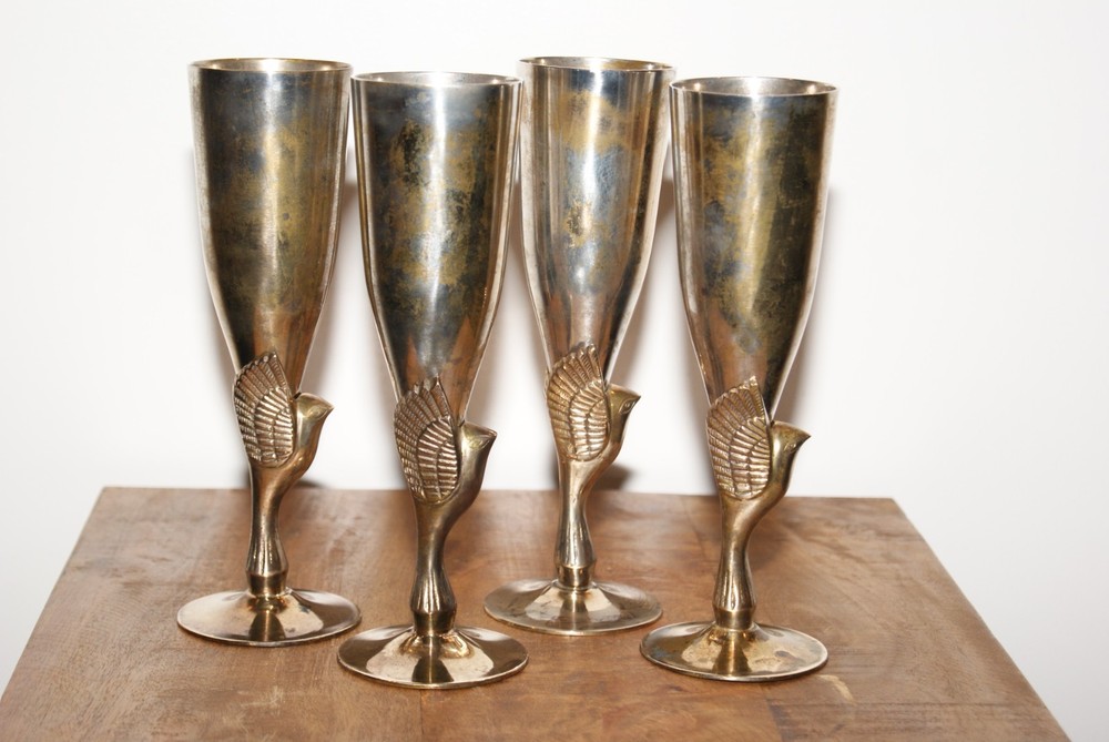 Vintage Godinger 8" Heavy Silver Plated & Brass Flute Goblets, India, Set of 4