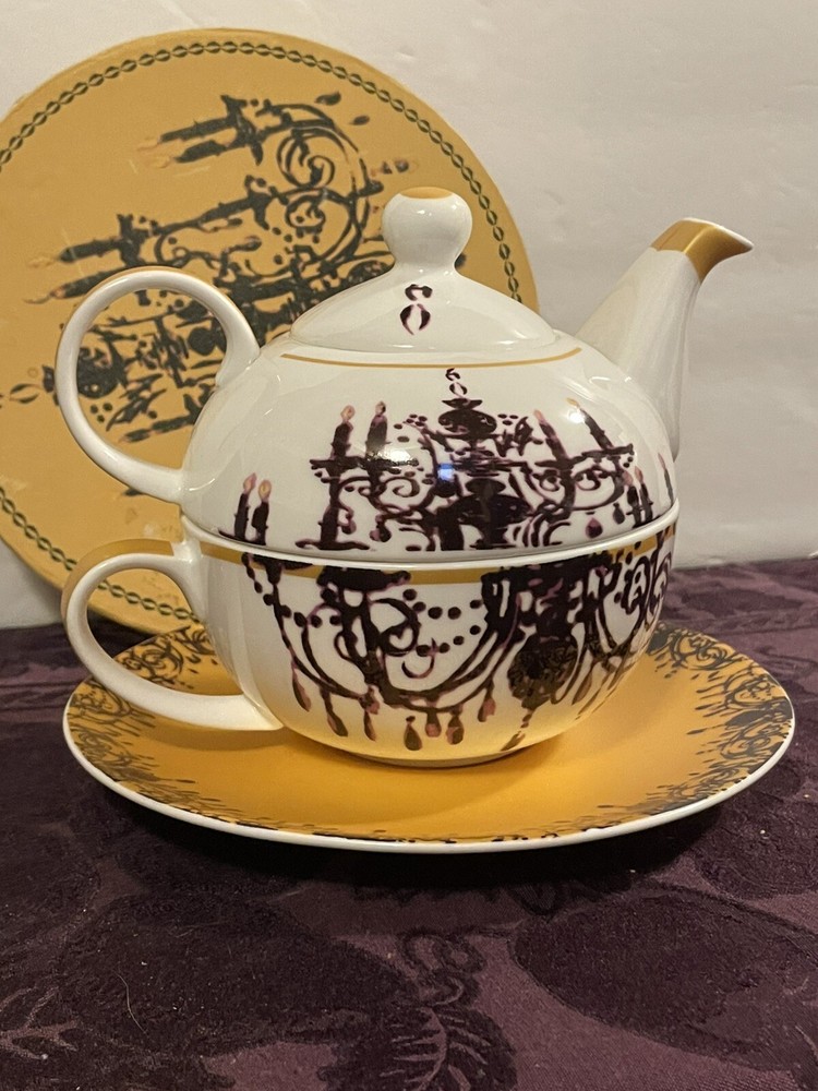 "TEA FOR ONE" Products Stackable “Chandelier Gold” Pattern Teapot & Cup NIB (CA)