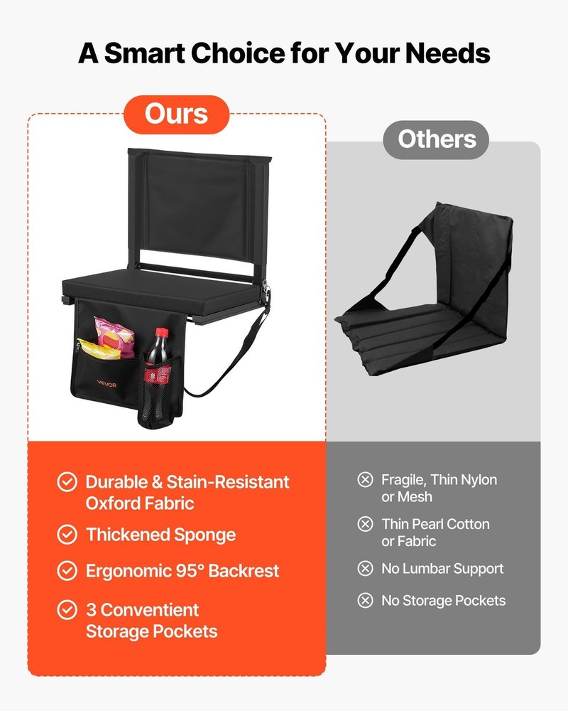 Comfortable Portable Bleacher Seat w/Backrest Hooks & Shoulder Strap