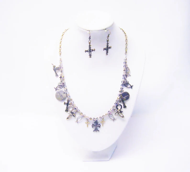 Assorted Crosses/Religious Emblem Necklace/Earrings Set