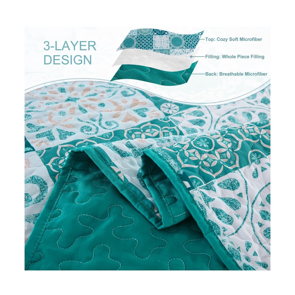 Teal Quilt Set Queen Size, Boho Turquoise Plaid Patchwork Bedspread... Fast Ship
