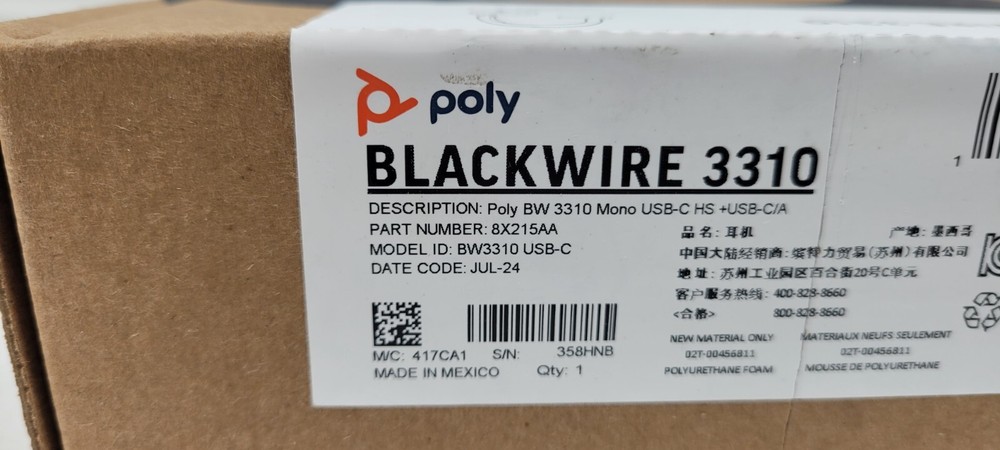 Poly Blackwire 3310 Monaural USB-C Headset Plus Adapter 8X215AA