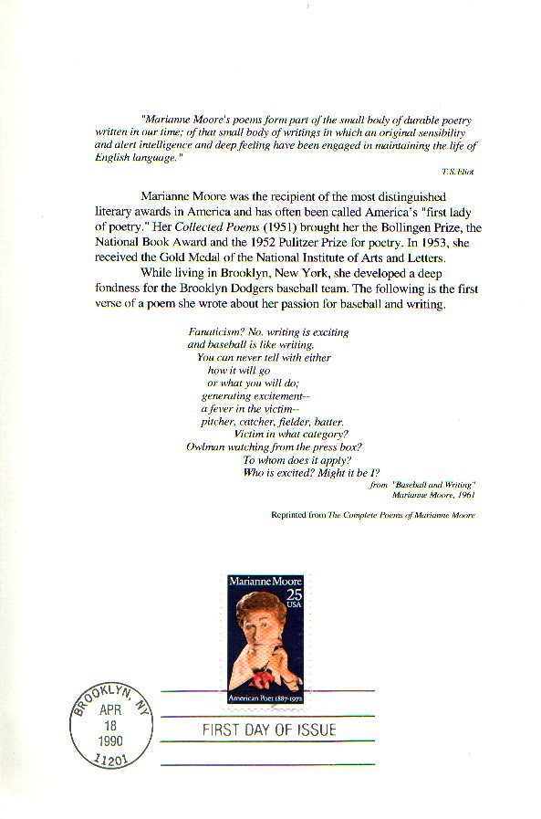 USPS CEREMONY PROGRAM 2449 Marianne Moore Dodger Fan