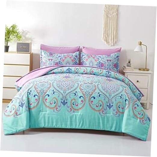 Comforter Set, 5 Piece Bed in a Bag, Boho and Lilac Damask Medallion Twin Aqua