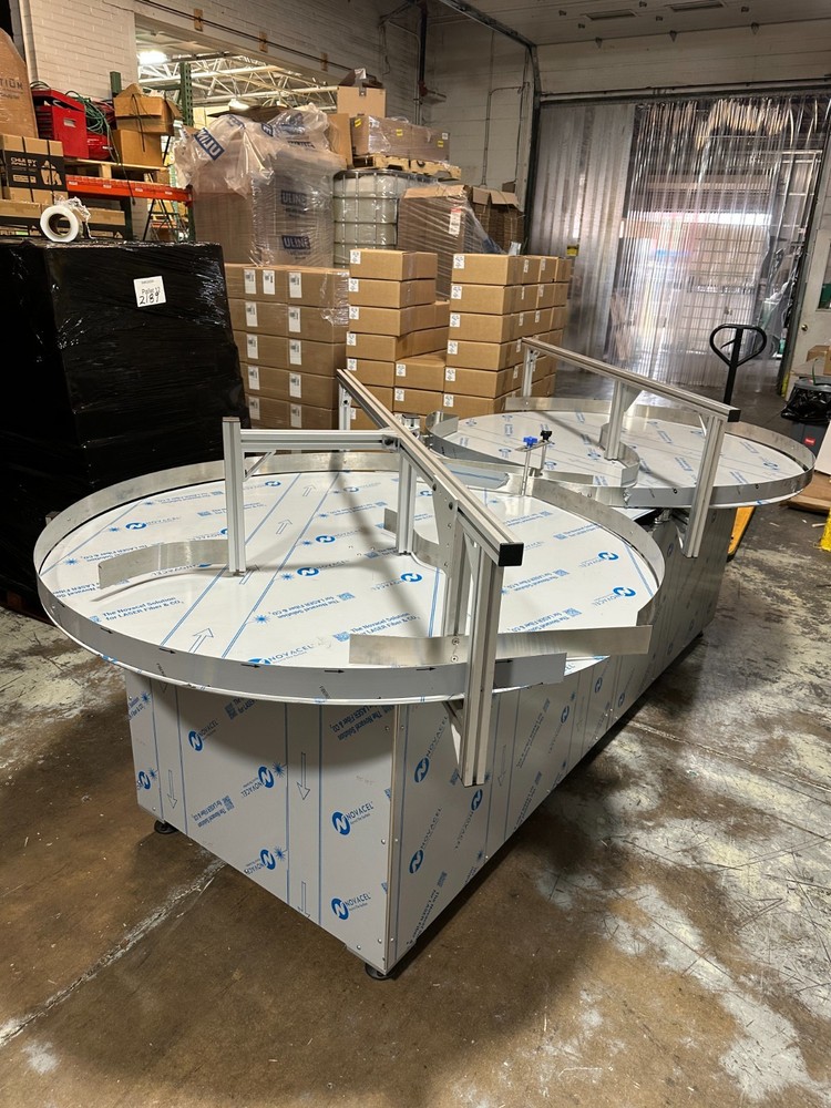 Dual 60" Stainless Rotary Accumulation Buffer Table Packaging Conveyor Labeling