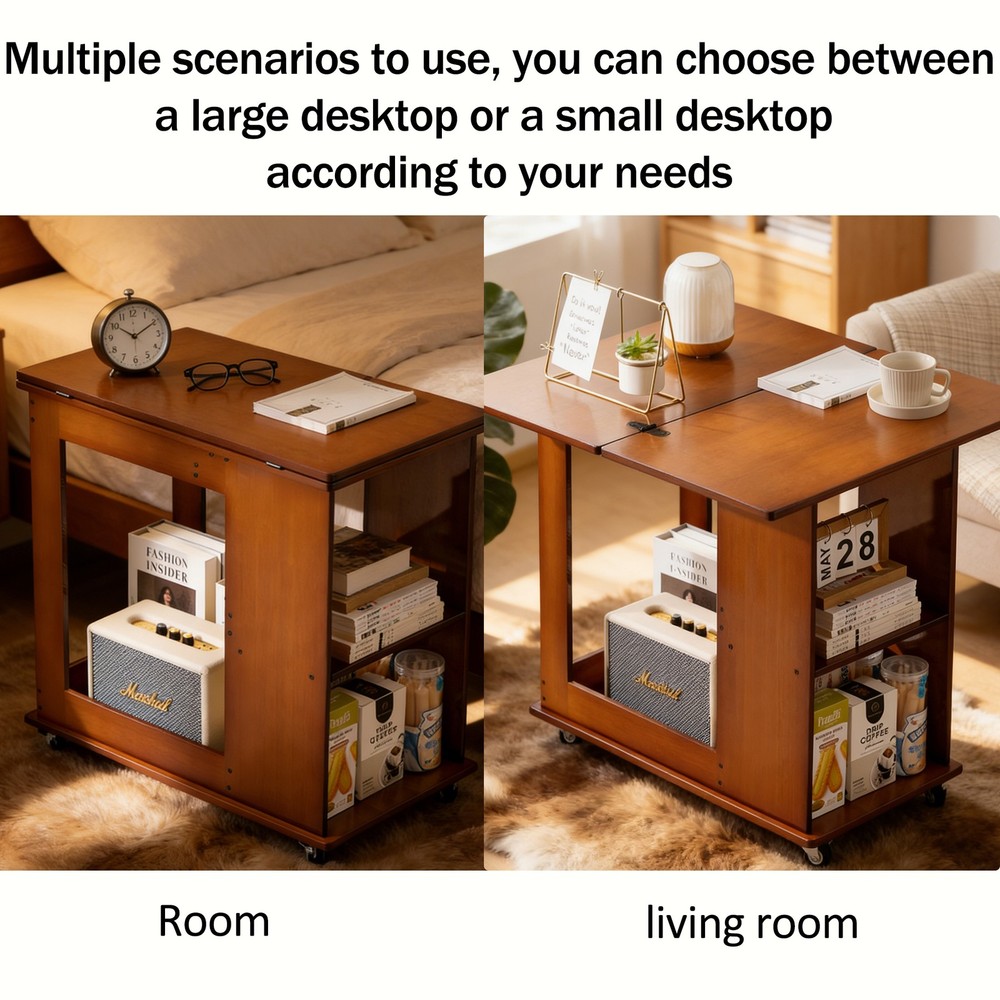 Bamboo folding edge table with movable storage, foldable tabletop suitable for