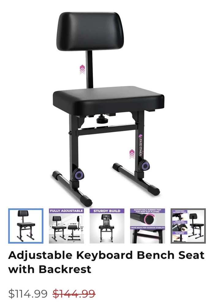 Liquid Stands Adjustable Piano Bench Black Backrest Padded Cushion Sturdy