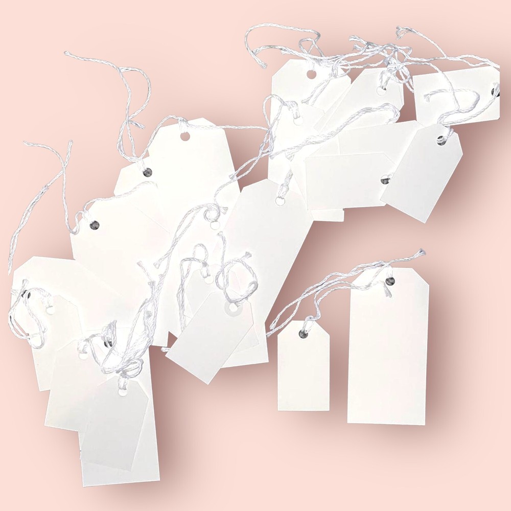 23 white string tie on rectangular card stock strung tags in 2 sizes 3” 5”