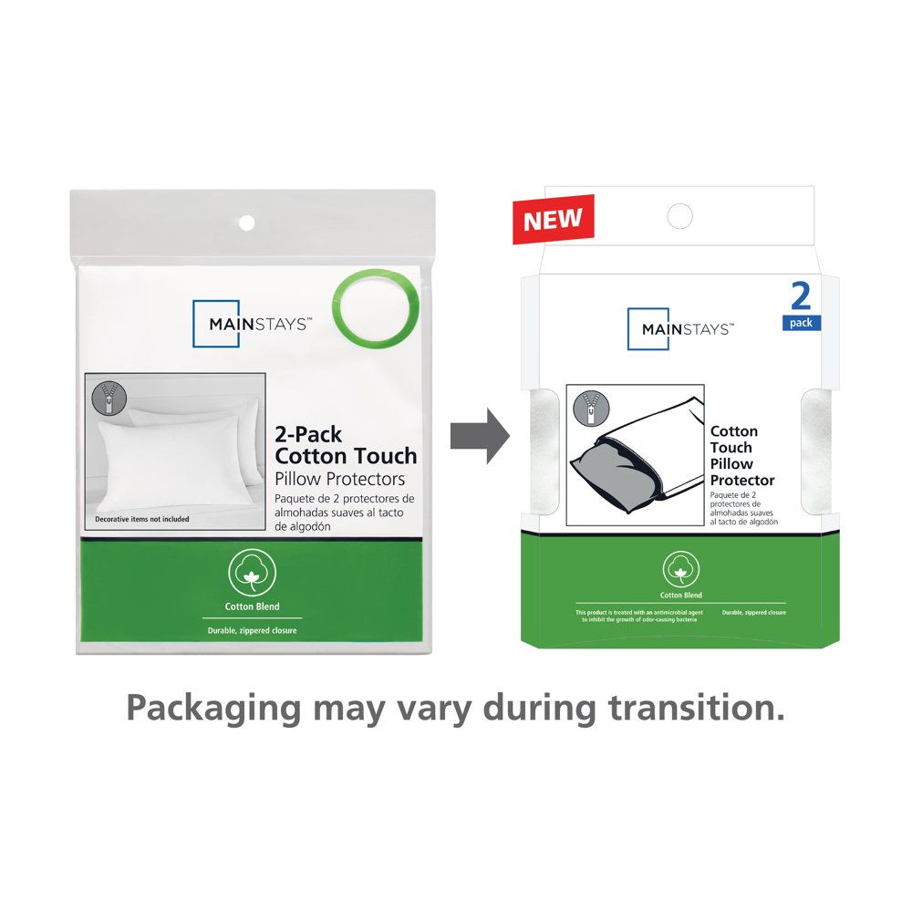 Mainstays Cotton Touch Zippered Pillow Protector, Standard/Queen, 2 Pack