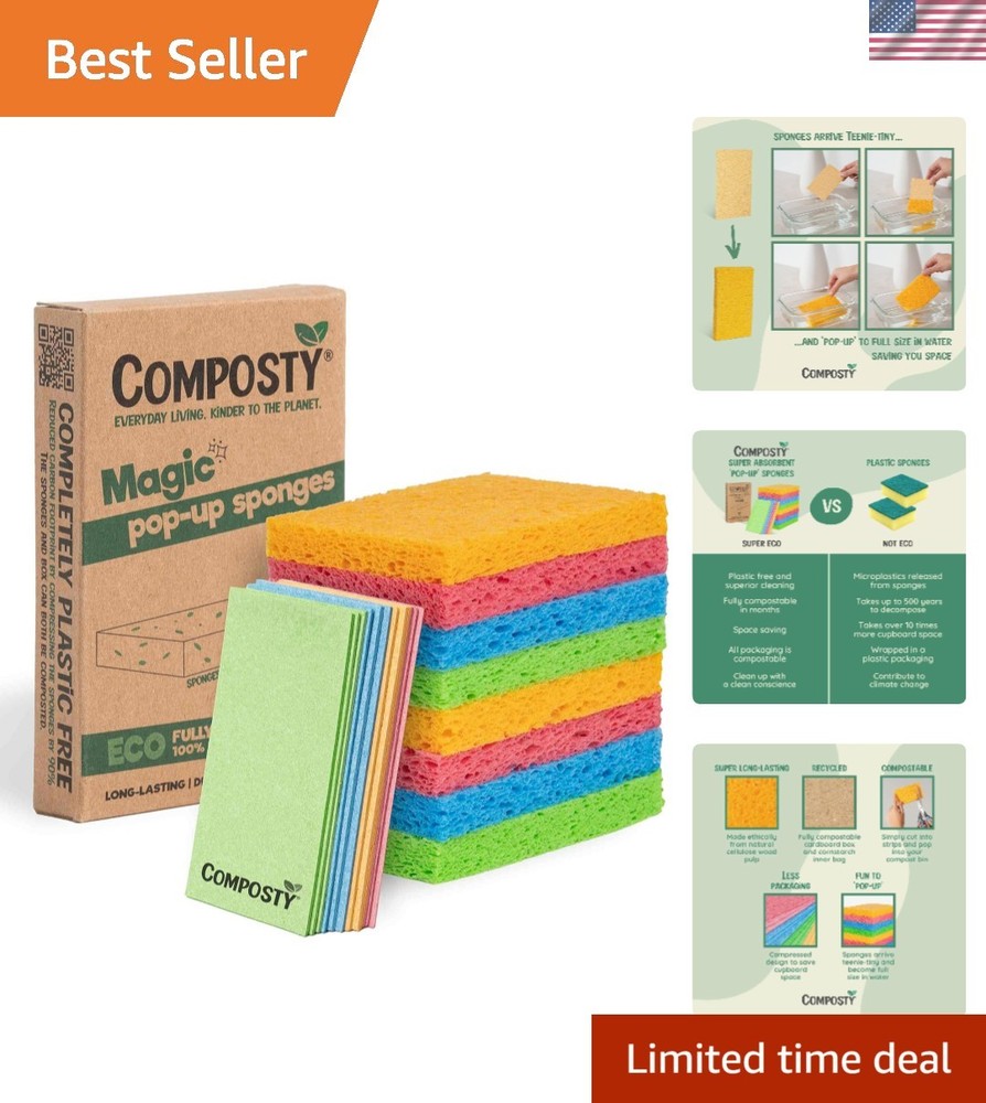Eco-Friendly 12-Pack Pop-Up Compostable Kitchen Sponges, Non-Scratch & Biodeg...