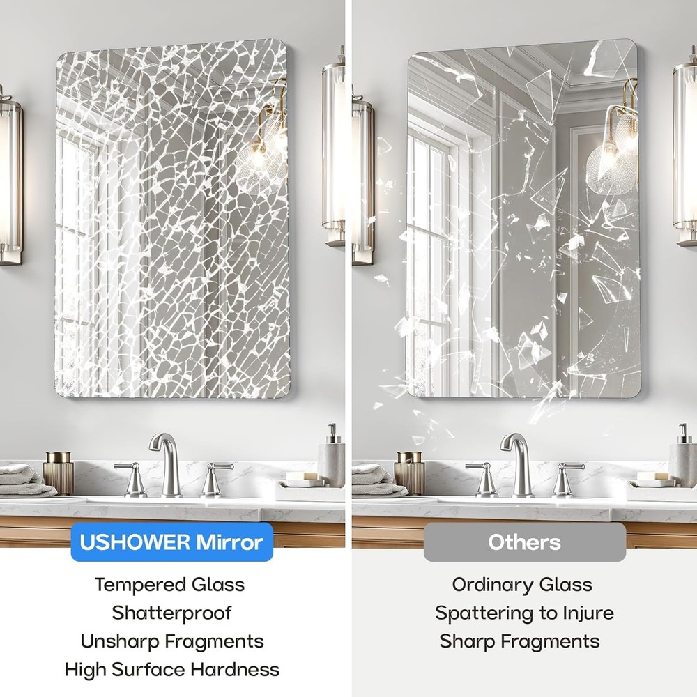 USHOWER 24x36" Frameless Bathroom Mirror Rectangle Wall Vanity Mirror Tempered