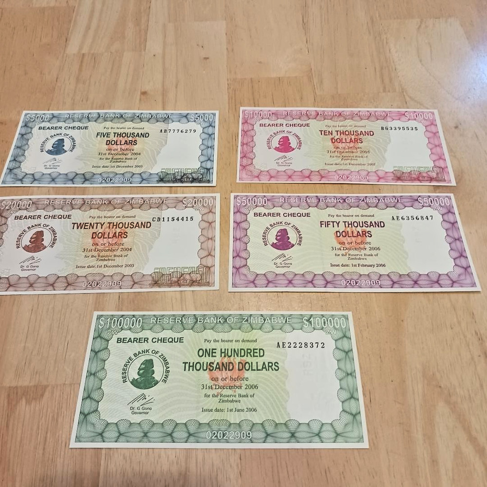 Zimbabwe "Emergency Issue"Bearer Cheque Complete Denomination Set. Uncirculated.