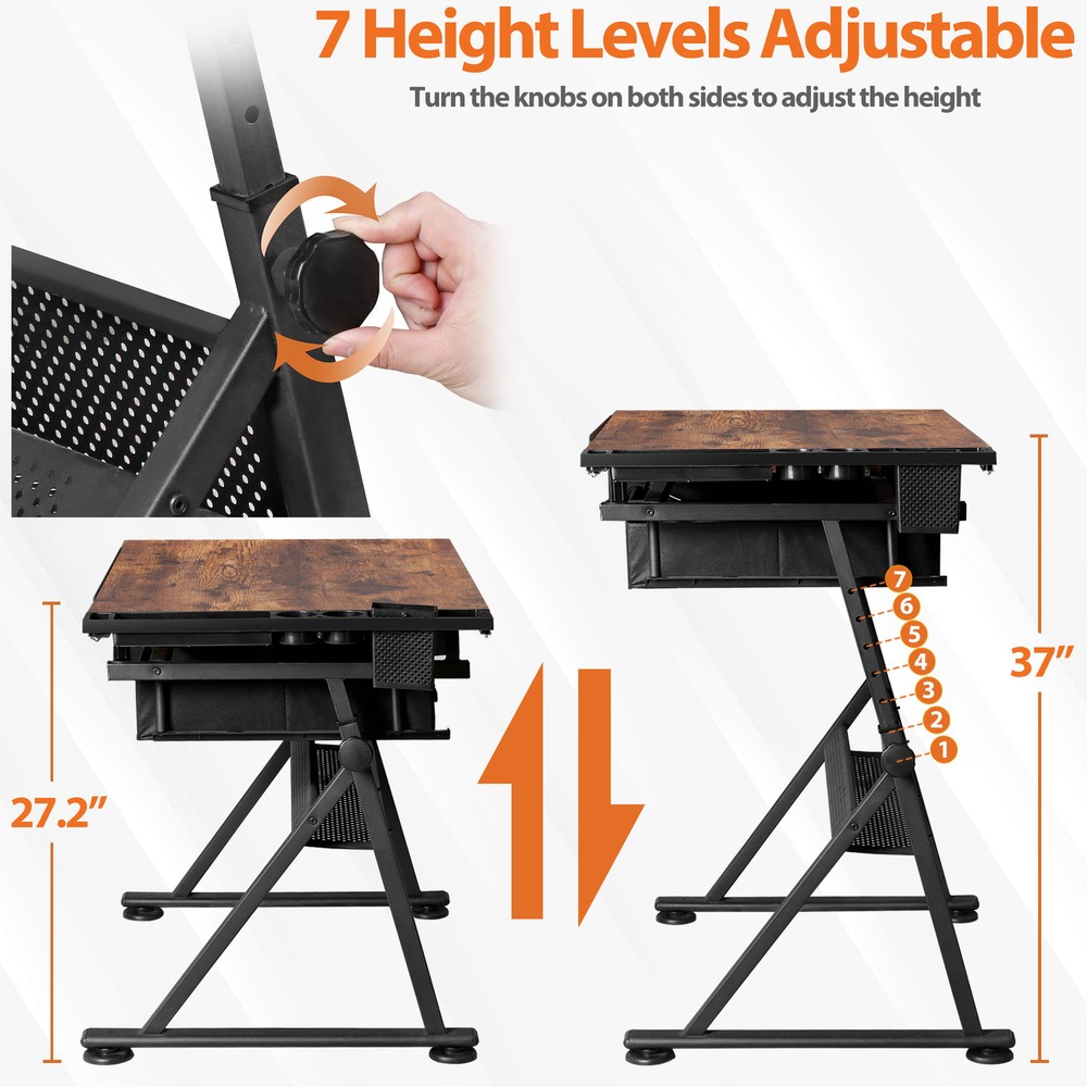 Adjustable Drafting Drawing Tiltable Table & Stool Set with 2 Drawers & Outlet