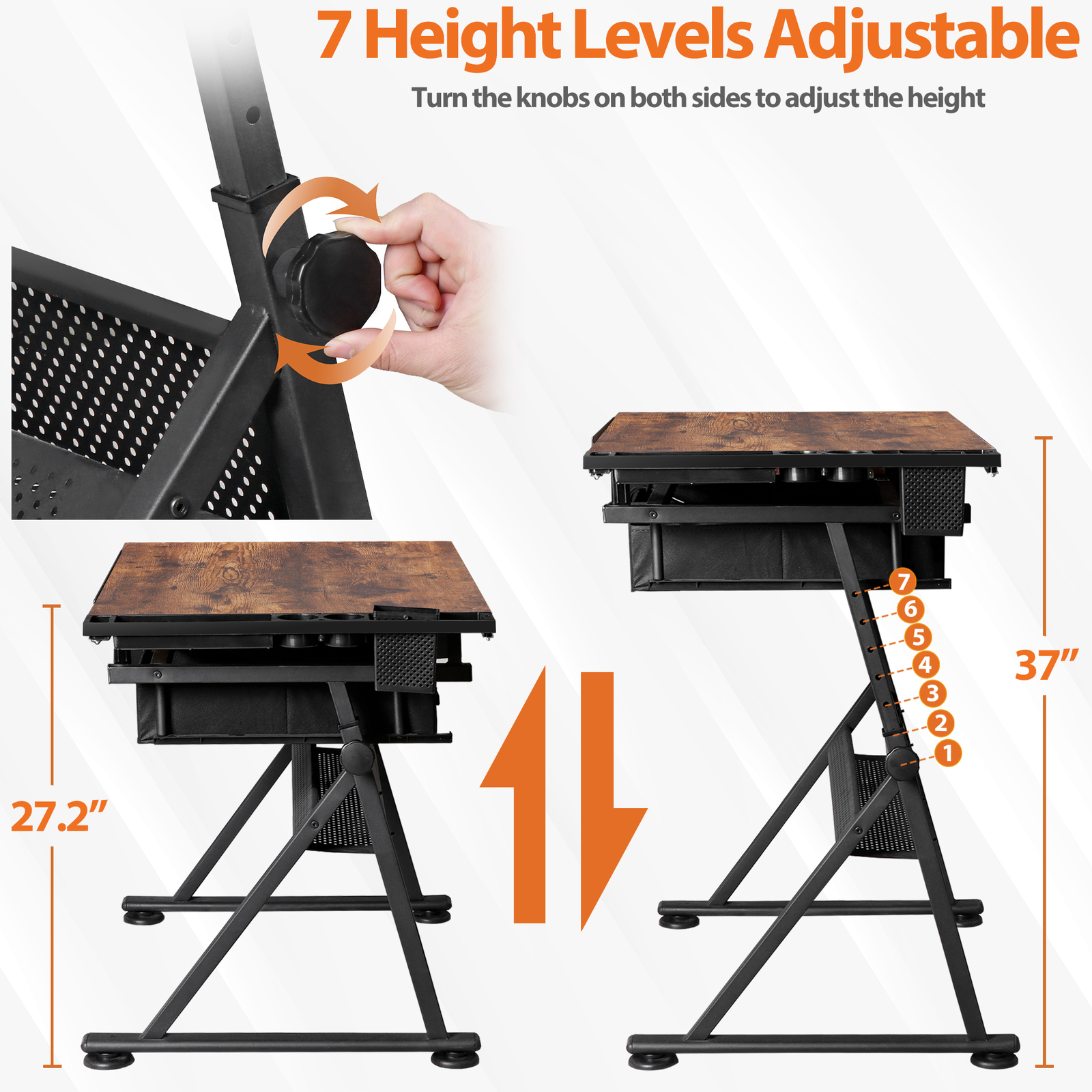 Drafting Table Drawing Desk Adjustable Tabletop w/Charging Station & Stool Retro