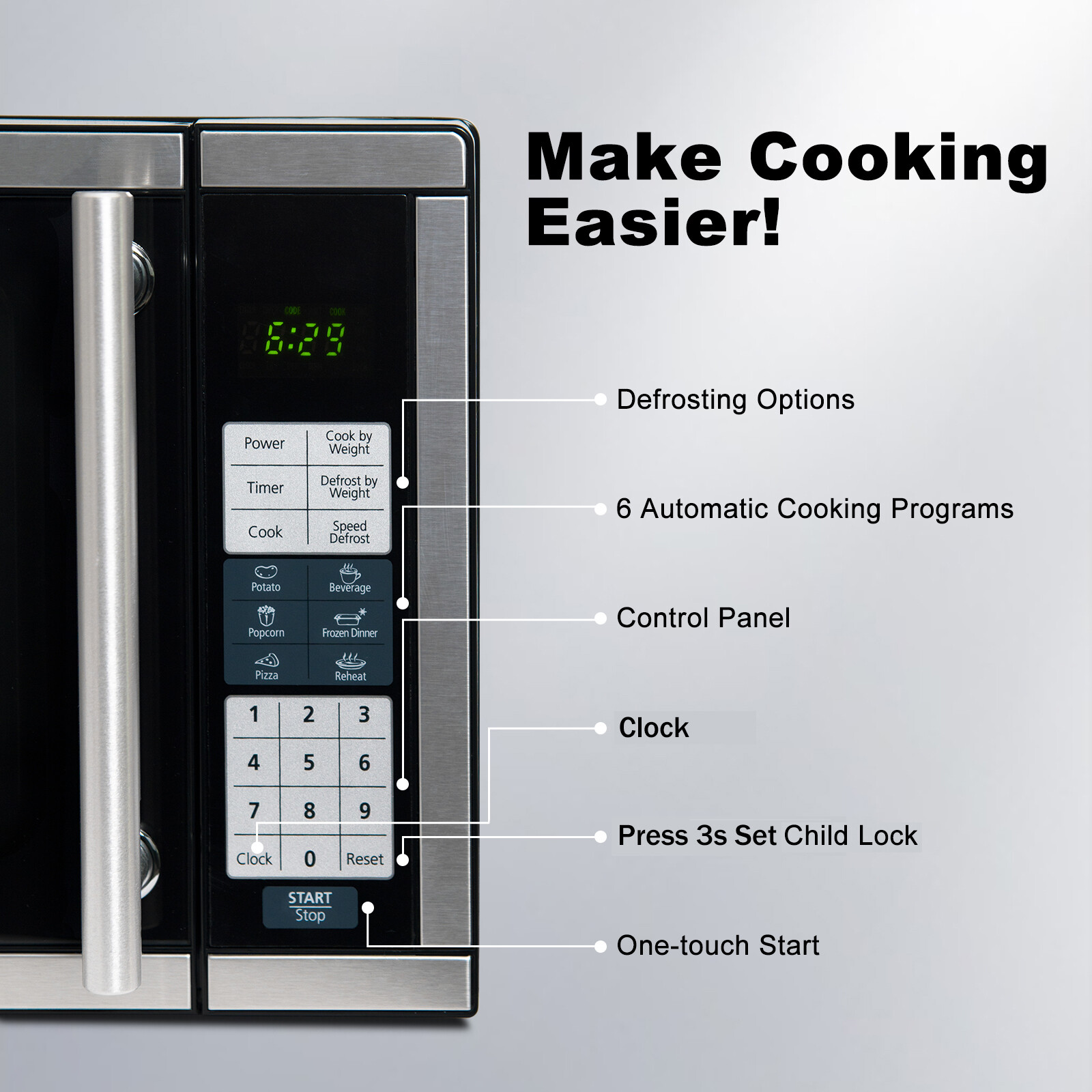 Countertop Microwave Oven 700W 10 Power Levels 6 Auto Menus Child Safety Lock