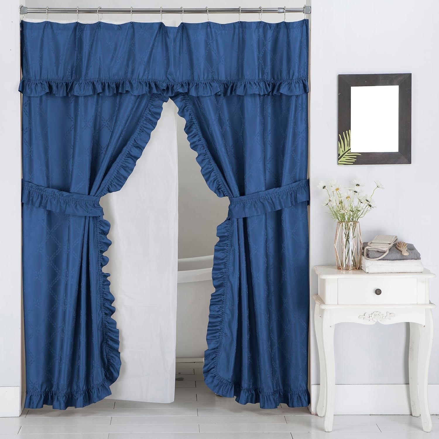 Double Swag Ruffled Fabric Shower Curtain Set, PEVA Liner and Roller Rings