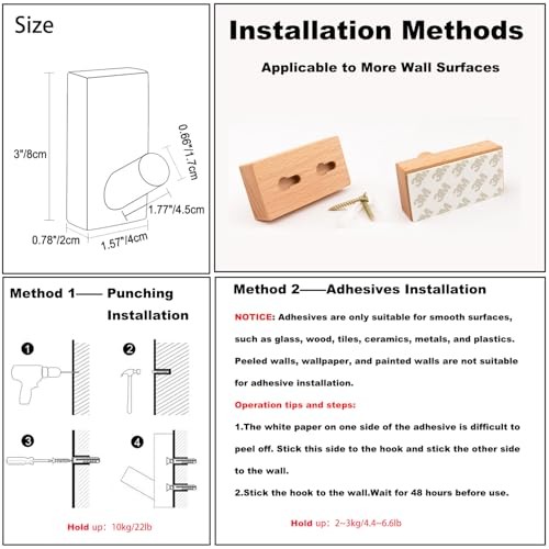 Adhesive Wall Hooks Hat Rack, Wooden Coat Hooks Wall 4Pack Rectangle-Beech