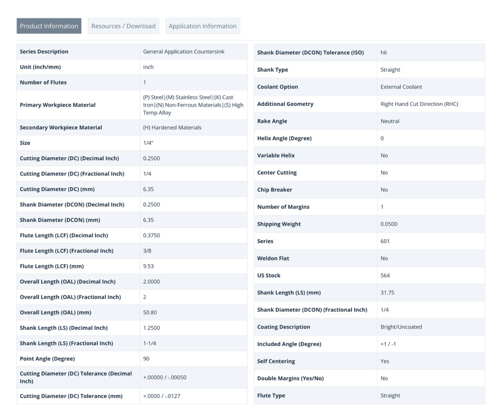 SGS 1/4" 90 DEGREE SINGLE FLUTE SOLID CARBIDE COUNTERSINK 74207