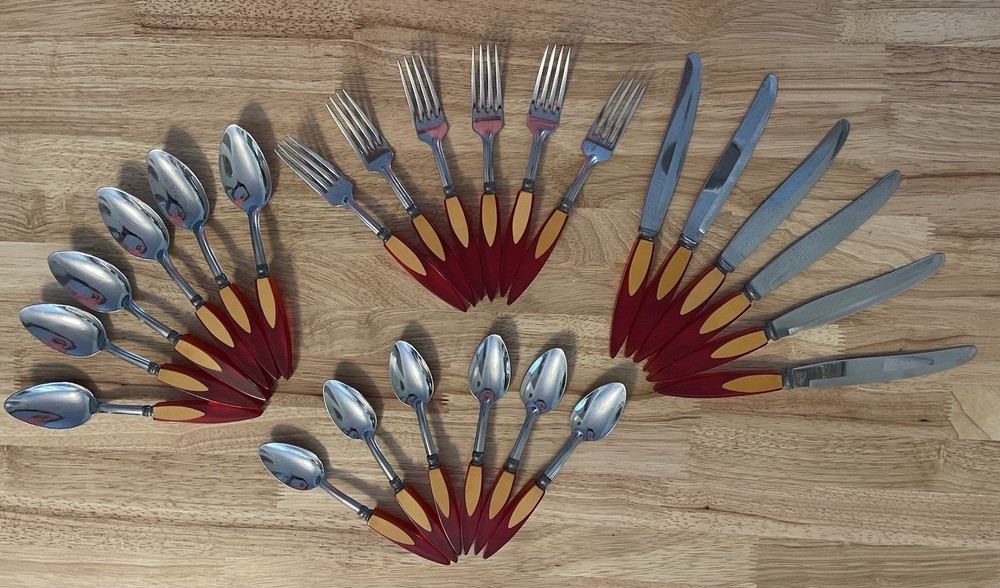 Bakelite Catalin Inlaid Teardrop Cherry Red Butterscotch Flatware 24 pc