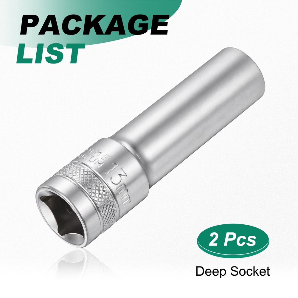 2pcs 6 Points Deep Socket 1/2" Drive 13mm Nickel Plating Hex Socket 3.1" Long