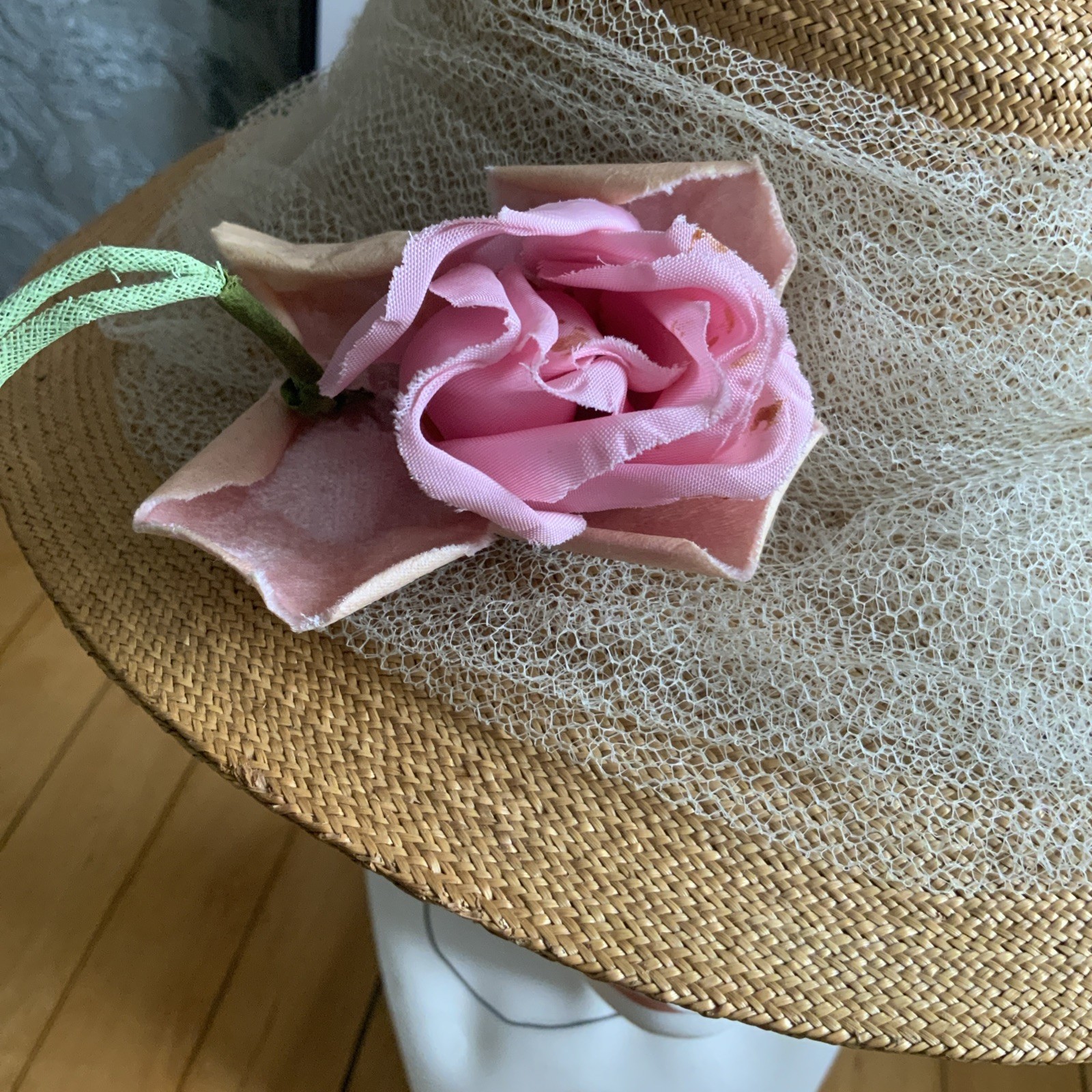 STRAW BOATER SKIMMER HAT BROWN RIBBON VINTAGE WOMENS LARGE BRIM