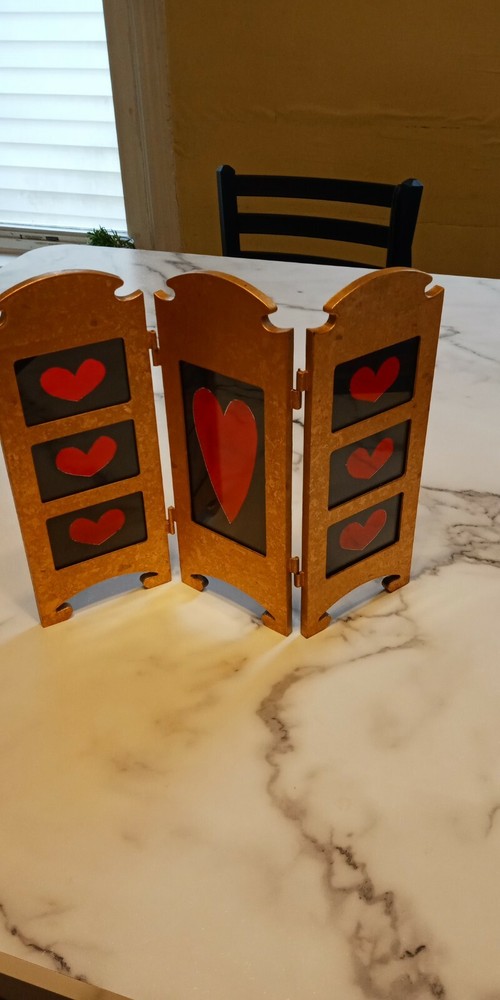 Red Hearts Stained Glass window panel - tri-fold windowsill panel freestanding 